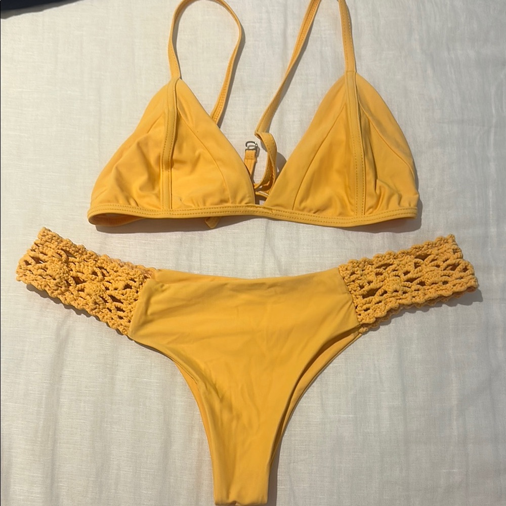 Frankie’s bikinis Yellow Crochet-Side Triangle Bikini Set - Women Swim